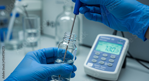 Lab Measurement: Testing pH Balance of Liquid Sample with Meter & Gloved Hands - Scientific Analysis & Research