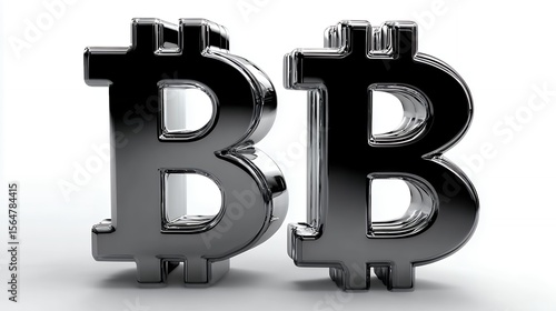 Gleaming Bitcoin Symbols: Metallic Cryptocurrency Icons on White Background.