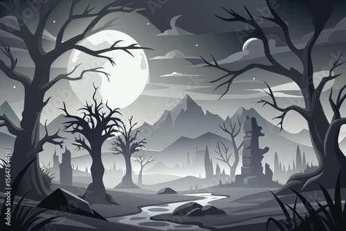 Spooky Halloween night landscape with a lone tree silhouetted against a moonlit sky