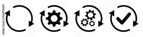 Sync process, icon reload set, circle arrow with gear wheel, recycling recurrence, renewal sync processing icons. Vector illustration on transparent background