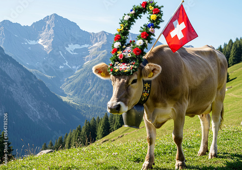 Traditional Swiss Cow with Flag. August 1, Swiss National Day