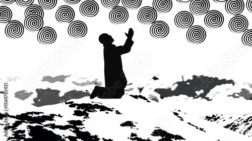 Silhouette of a person kneeling with hands raised surrounded by spiral shapes on a textured surface
