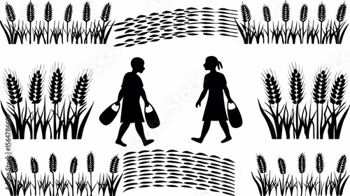 Silhouette of children walking through wheat fields carrying buckets in a black and white illustration