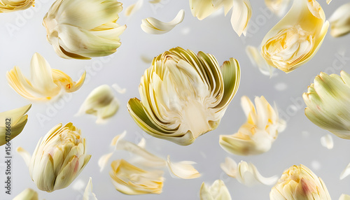 Delicious floating artichoke hearts isolated on white background