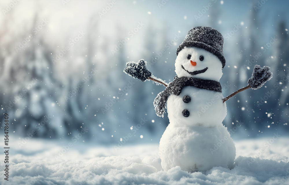 A snowman standing in the middle of a snowy landscape, waving and smiling at you with his hands up A snowman standing in the middle of a snowy landscape, waving and smiling at you with his hands up