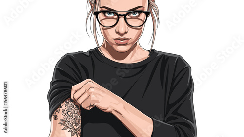Determined woman with tattoo rolling up sleeve vector illustration for commercial use