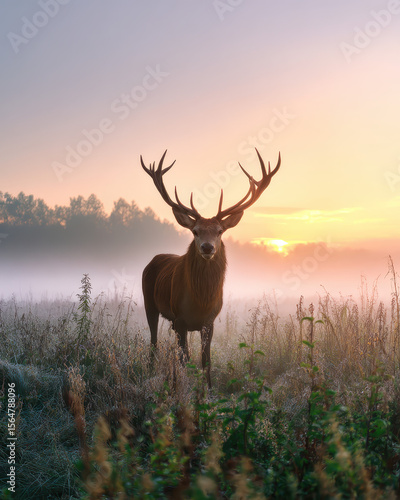 Majestic Stag in Misty Meadow at Sunrise