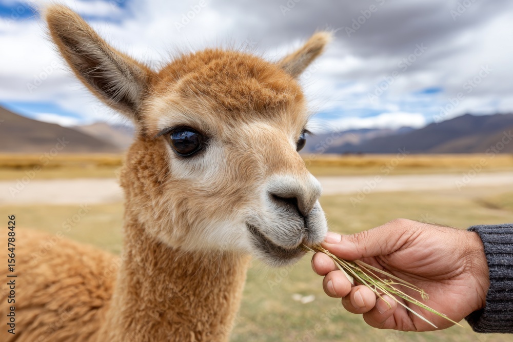 Obraz premium A light brown vicuña eating grass from a person's hand, in a mountainous landscape, cloudy sky above.