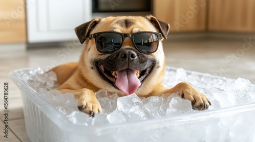 Cute pug dog relaxing in a container full of ice cubes while wearing black sunglasses, staying cool indoors on a hot day.