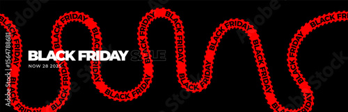 Jagged promo ribbon, bold red tape, sharp wave line for Black Friday zone, aggressive sale sticker, dark background design, retail urgency element. Vector illustration