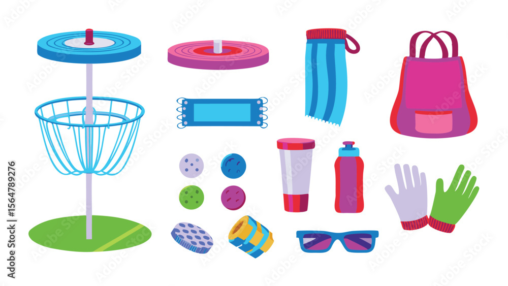 Obraz premium Illustration showing disc golf basket, discs, bag, towel, water bottle and other accessories