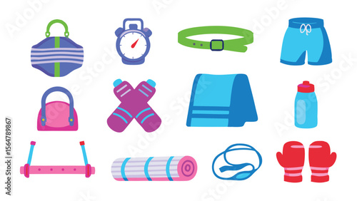 Illustration of various colorful fitness and workout gear arranged in a grid pattern format