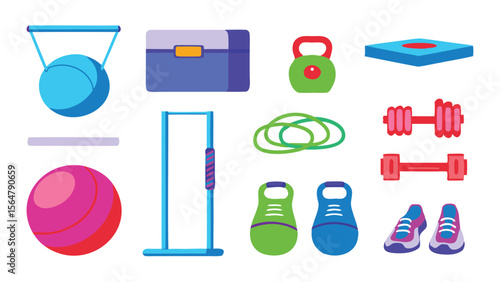 A collection of colorful workout equipment including weights bands and a gym ball spread out flatly