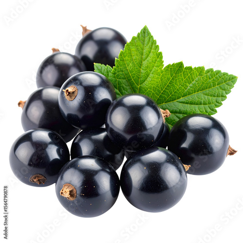 Ripe black currants with a green leaf isolated on a white background