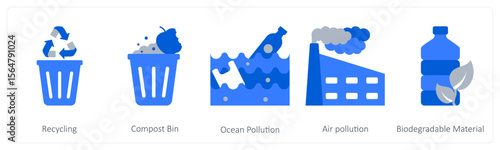 A set of 5 environment and nature icons as recycling, compost bin, ocean pollution