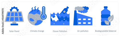 A set of 5 environment and nature icons as solar panel, climate change, ocean pollution