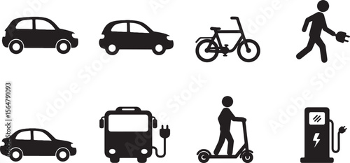 Sustainable Transportation Icons Electric Vehicles, Bikes, and Scooters
