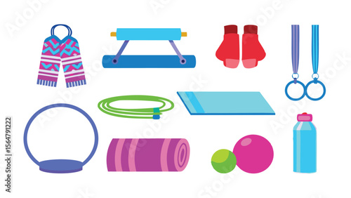 A collection of fitness and winter accessories including a scarf and exercise equipment shown together