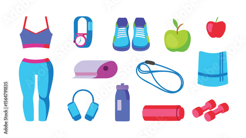 Illustration of fitness equipment including apparel, accessories, and healthy food items spread out flat