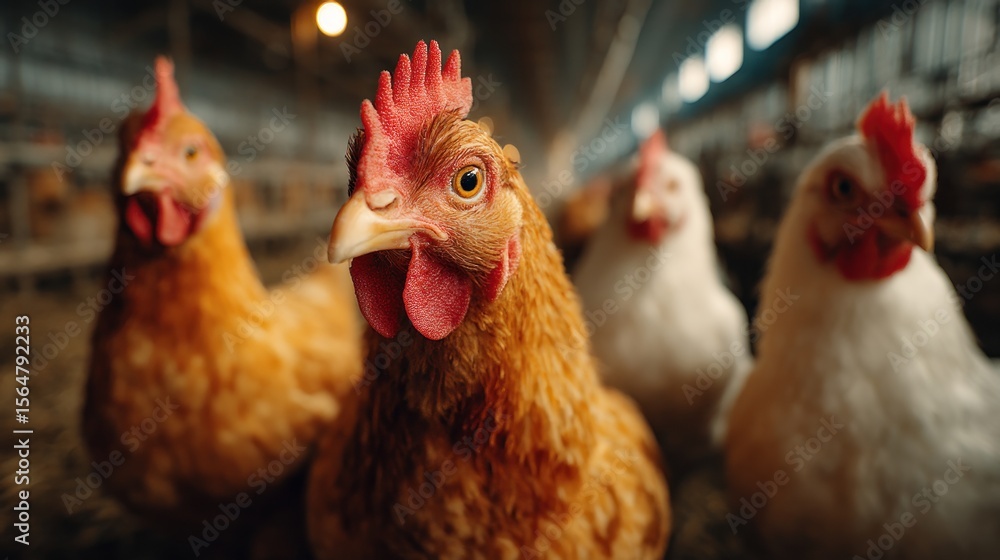Fototapeta premium Close-up Portrait of Chickens Inside a Modern Poultry Farm Facility
