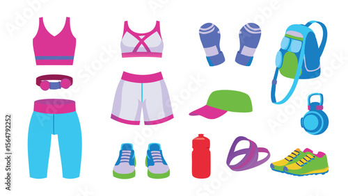 Illustration of various fitness and workout gear including apparel and accessories for exercise use