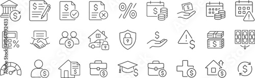 Loan and financing line icon collection vector illustration. Includes approval, interest rate, repayment, mortgage, agreement, penalty, rejection, calculator, credit score and credit risk elements.
