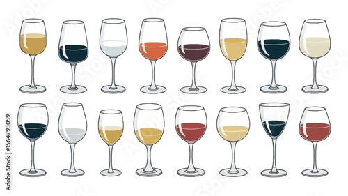 Assorted wine glasses with various colored liquids beverage