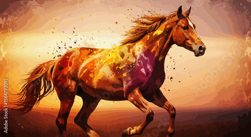 A galloping horse painted in warm tones of orange, gold, and burgundy splashes, evoking a sunset horizon.