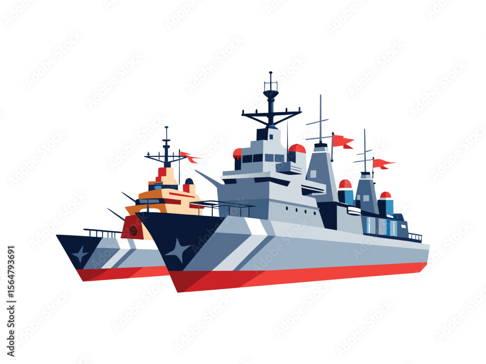Fototapeta premium Two modern warships with red flags flying from their masts sailing together 