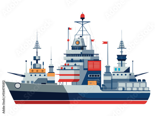 Modern warship with multiple decks and radar systems depicted in a flat design style
