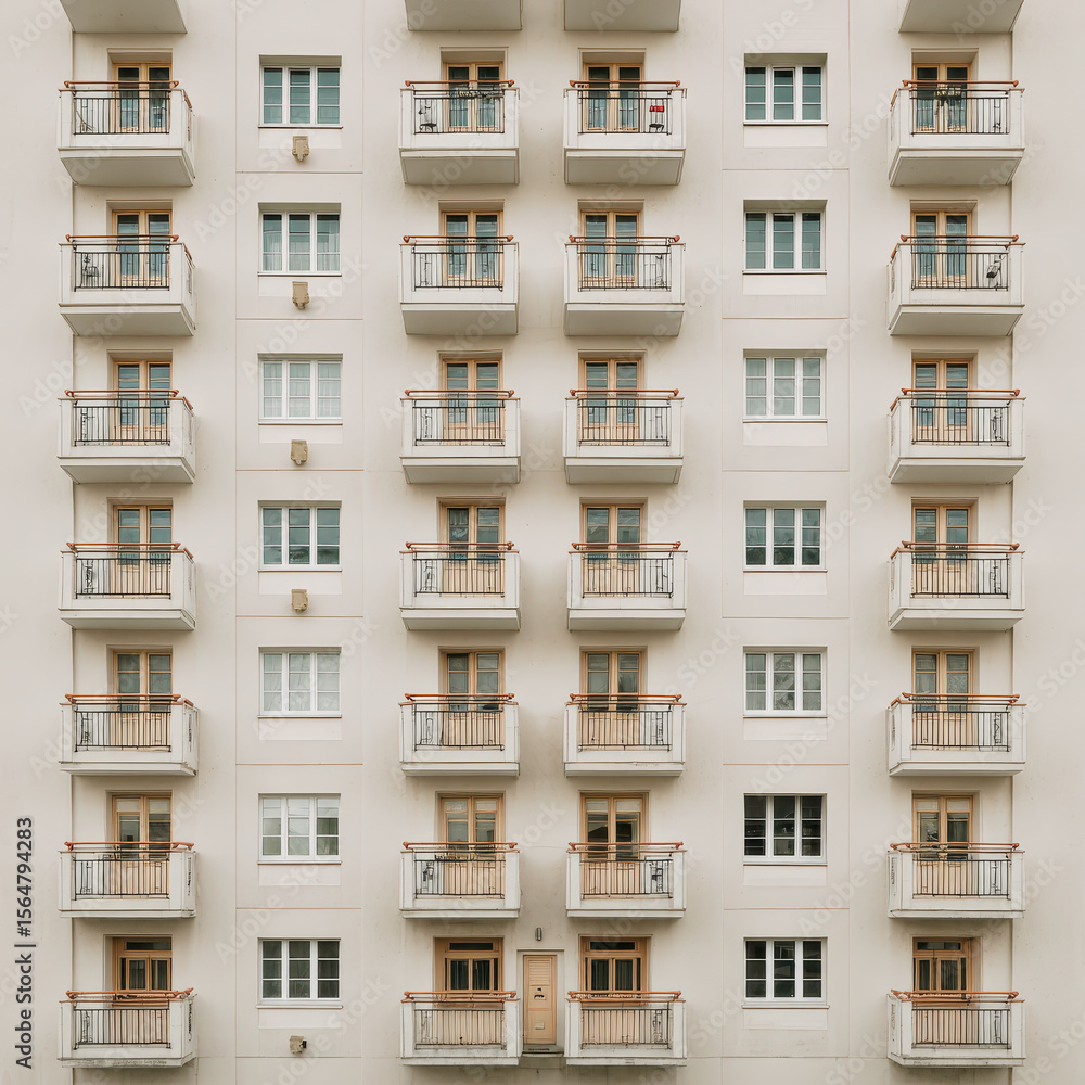 Fototapeta premium Symmetrical Apartment Facade with Repeating Balconies: Architecture and Design