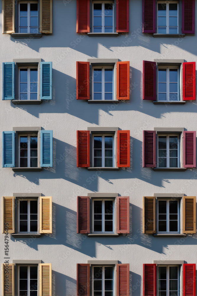 Fototapeta premium Symmetrical Apartment Building Facade with Alternating Colors