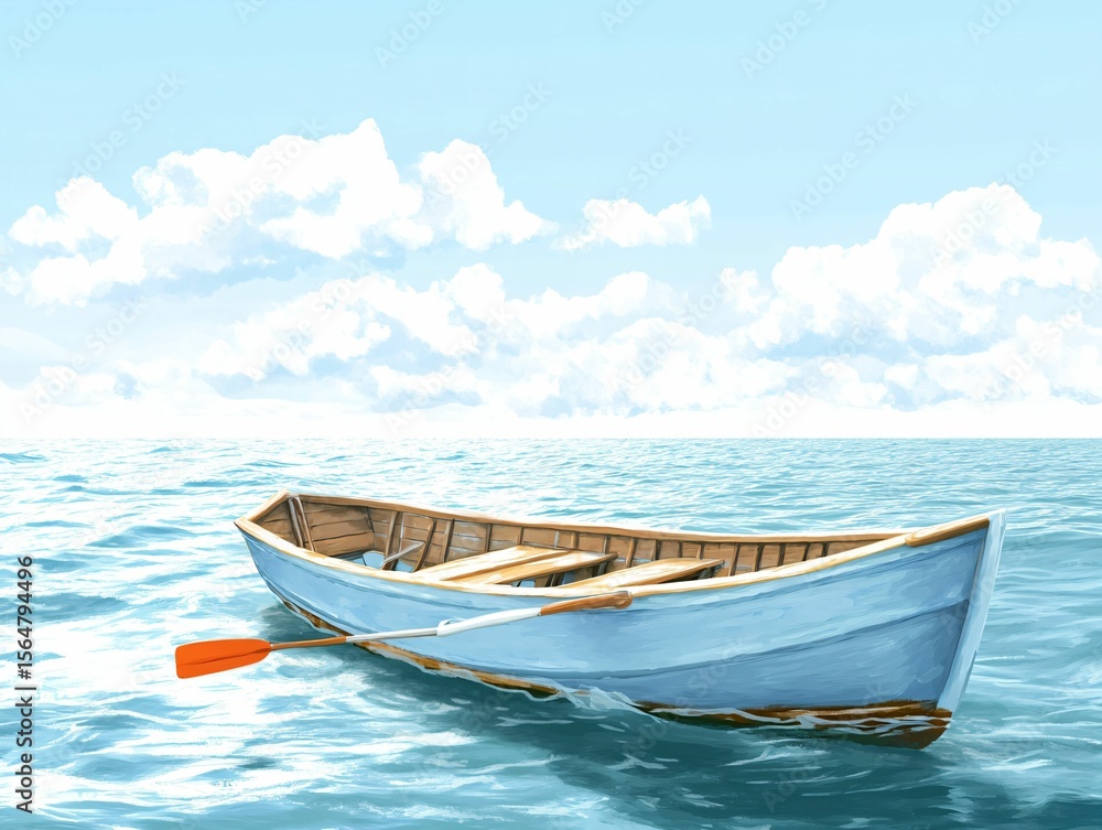 Naklejka premium Peaceful Rowboat Drifting in Serene Open Water Under Blue Sky