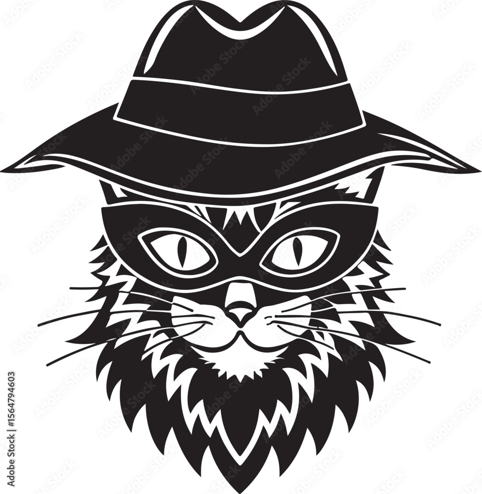 Fototapeta premium A cat wearing a hat and mask vector design, cat silhouette, cat transparent background