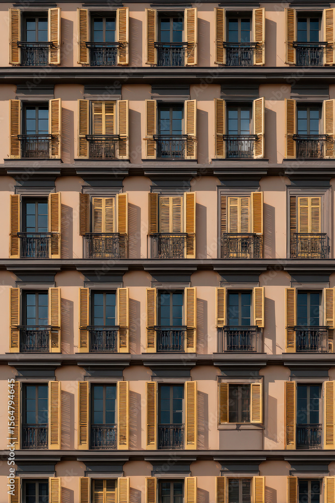 Fototapeta premium Symmetrical Apartment Building Facade with Alternating Colors