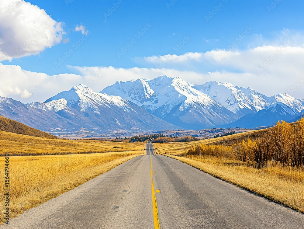 Naklejka premium Serene Mountain Road Under Blue Sky with Snow-Capped Peaks