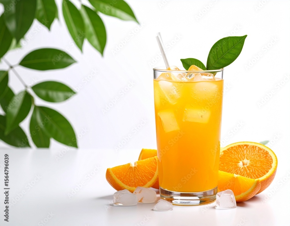 Fototapeta premium Refreshing Orange Juice with Ice and Fresh Oranges glass of orange juice