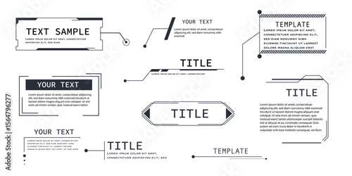 Modern callout text box HUD design with vector arrows, info bars, and black rectangular shapes. Great for advertising, sports news, or virtual dashboards.