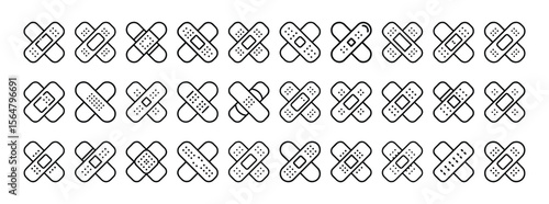 Bandage, medical patch, adhesive plaster, wound care and first aid minimal thin line web icon set. Outline icons collection. Simple vector illustration.
