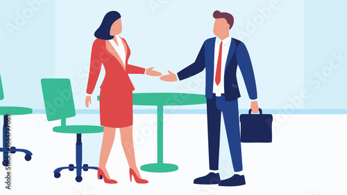 Businesswoman and businessman about to shake hands in an office setting with chairs and table present
