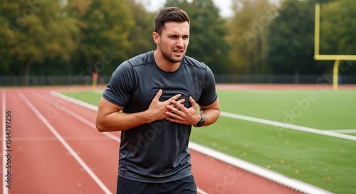 Exhausted athlete experiencing chest pain while exercising on a running track outdoors