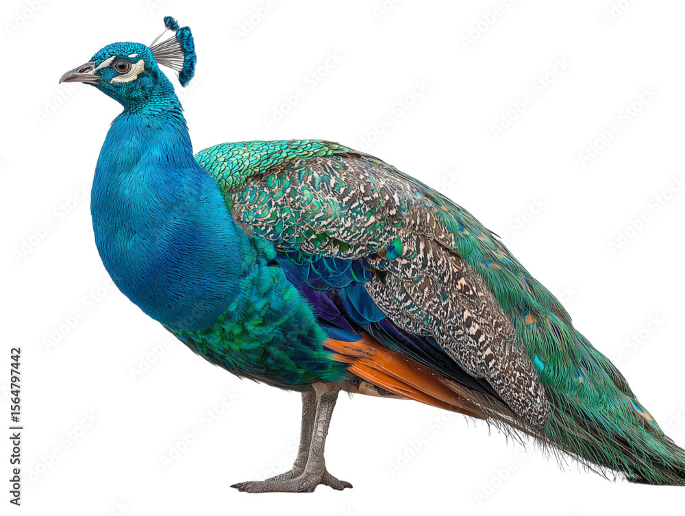 Obraz premium A vibrant peacock displays its iridescent plumage. isolated on a white background