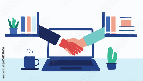 Laptop screen displaying handshake between two individuals in a business collaboration scene online