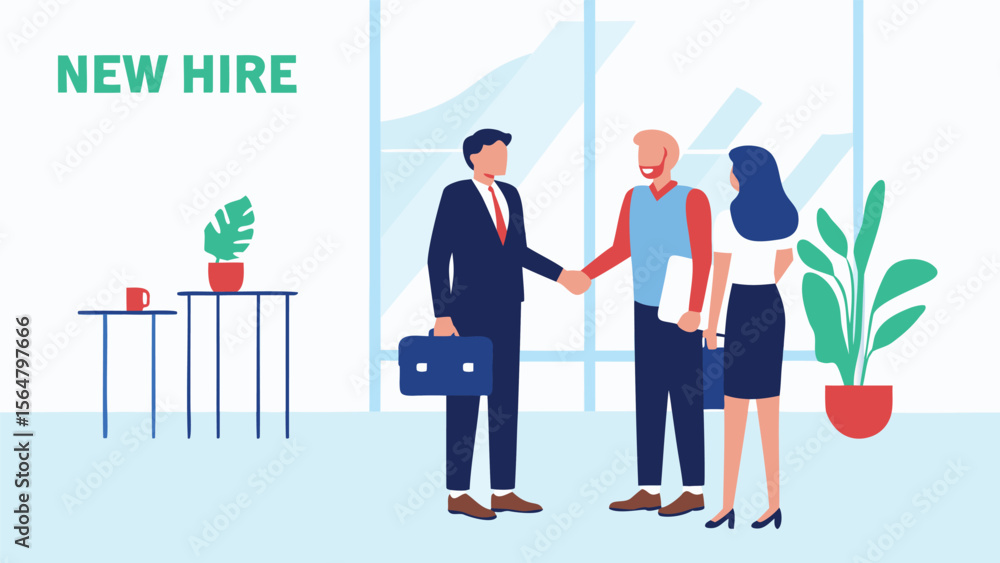 Two businessmen shaking hands with a woman in an office setting with plants and a large window behind them Two businessmen shaking hands with a woman in an office setting with plants and a large window behind them