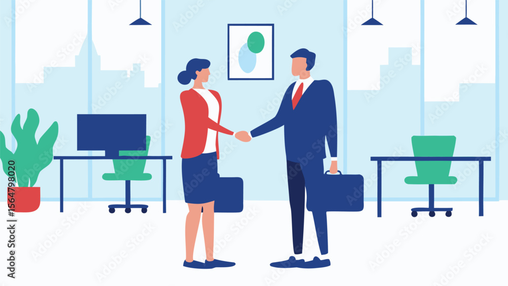 Fototapeta premium Business people shaking hands in an office setting with desks and a plant in the background scene