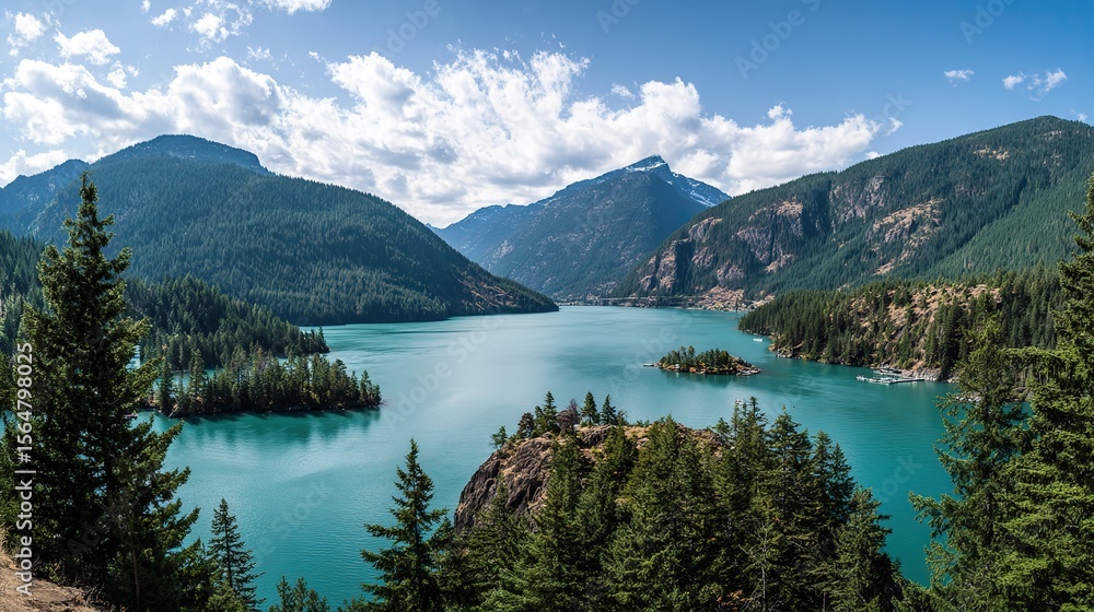 Obraz premium A turquoise blue lake surrounded by greenery, mountains, and forests that from a bird's-eye view, captures in daylight with natural light, creating a beautiful landscape.
