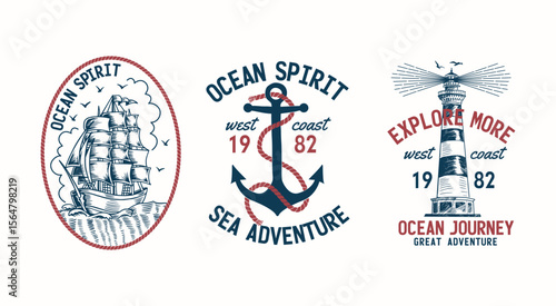 Vintage nautical vector set with sailing ship, anchor, and lighthouse designs. Perfect for ocean-themed apparel, retro badges, and maritime adventure graphics.