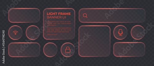 Liquid glass smartphone icon interface isolated for dark theme. Red ui light frame square and circle banner with glow stroke. Abtsract widget template for smartphone and web app, vector illustration.