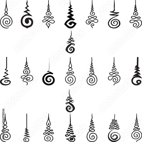 Thailand talisman set. Thai ancient traditional tattoo,Sak yant thai. Unalome symbol, Hindu or Buddhist sign representing path to enlightenment. Yantras Tattoo icon. Simple. isolated vector.