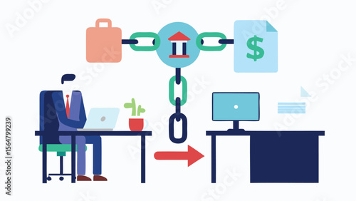Illustration of a business transaction chain with a man at a desk and an arrow between desks